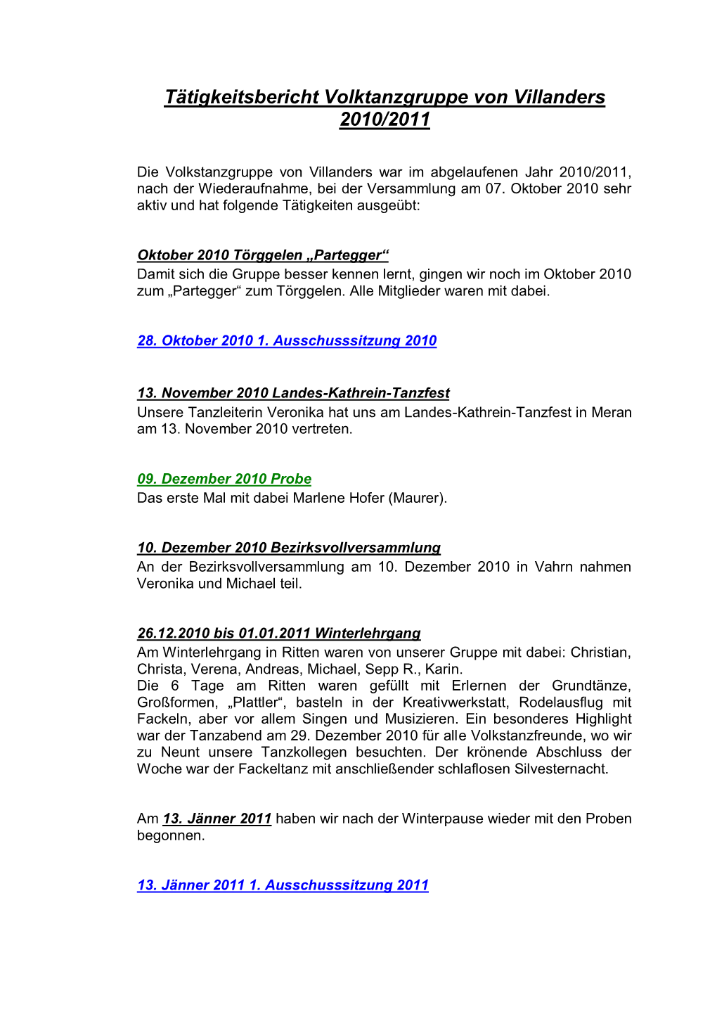 Tätigkeitsbericht Volktanzgruppe Von Villanders 2010/2011