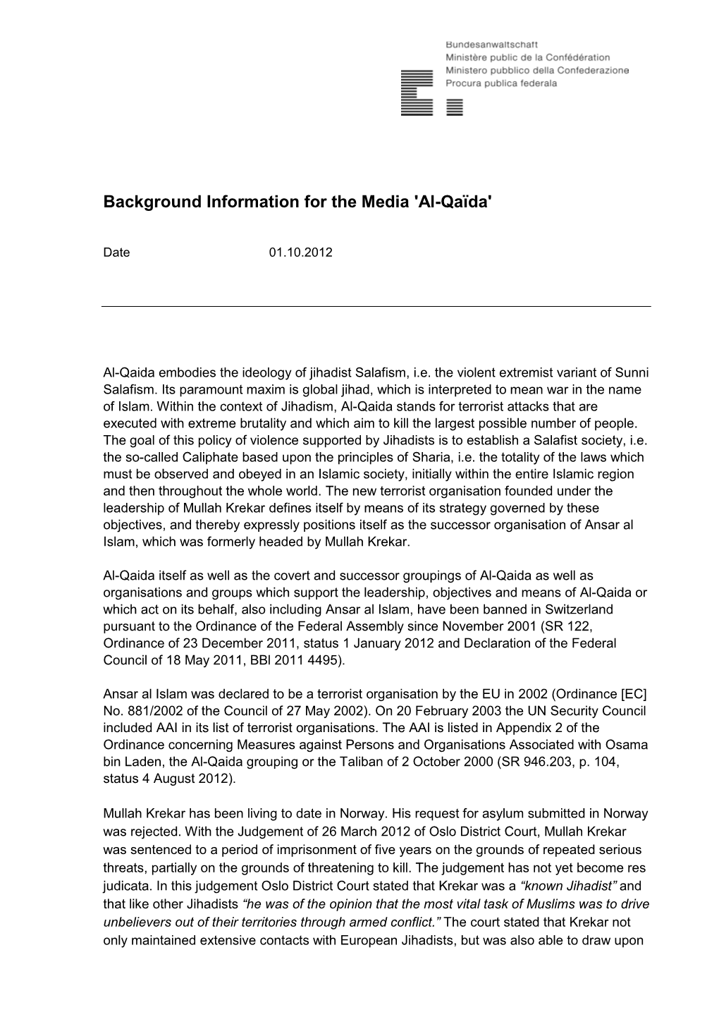 Background Information for the Media 'Al-Qaïda'