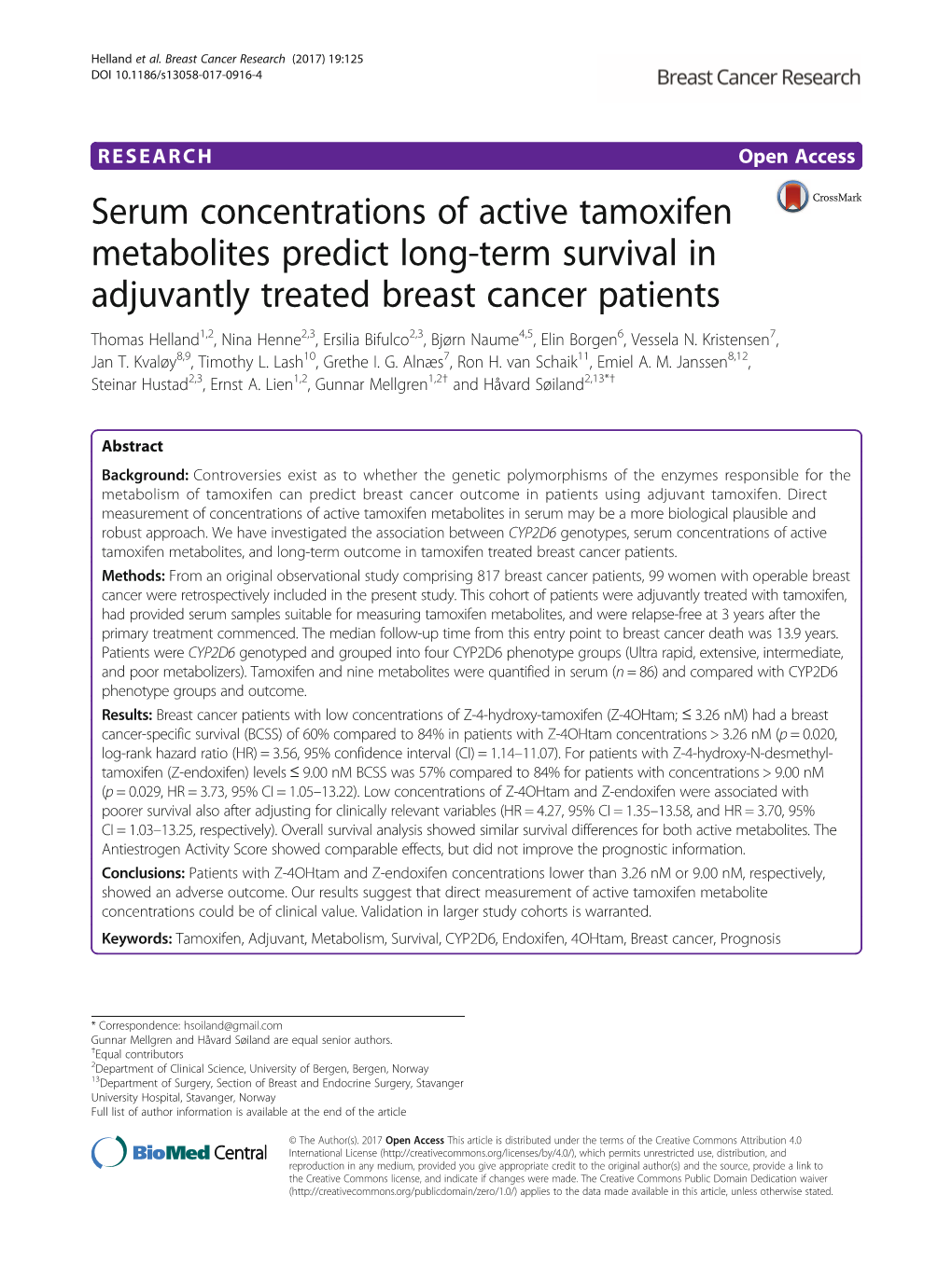 Serum Concentrations of Active Tamoxifen Metabolites Predict Long