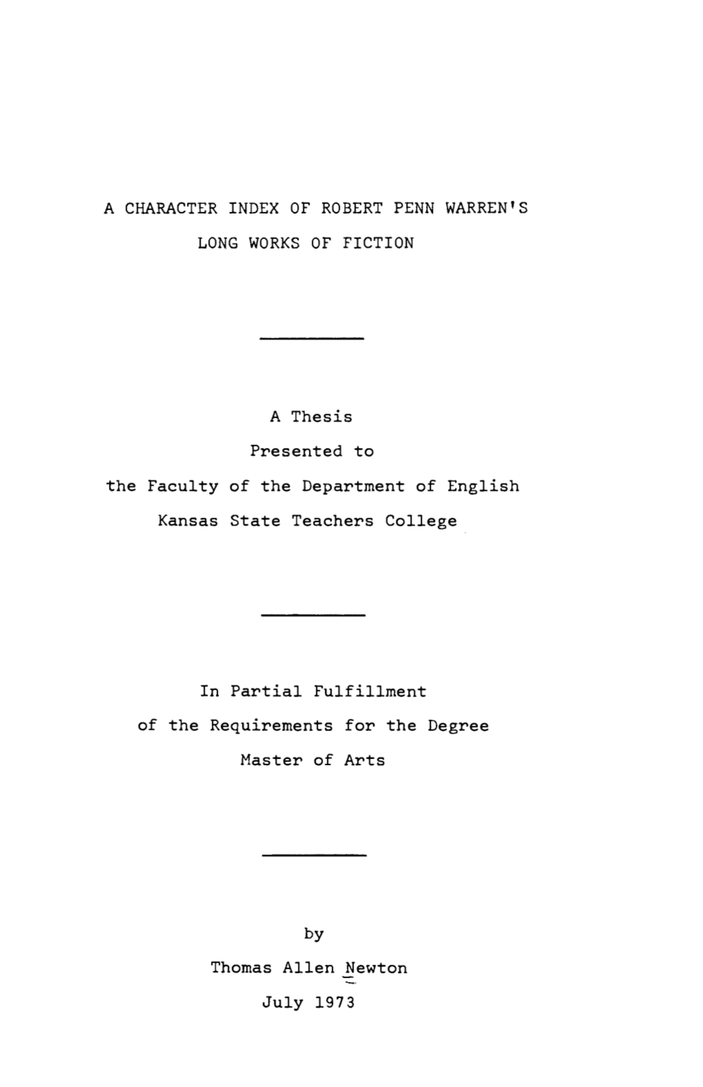 A Character Index of Robert Penn Warren's Long Works of Fiction