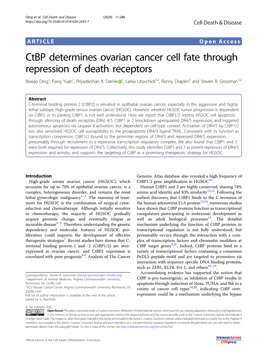 Ctbp Determines Ovarian Cancer Cell Fate Through Repression of Death Receptors Boxiao Ding1,Fangyuan1, Priyadarshan K