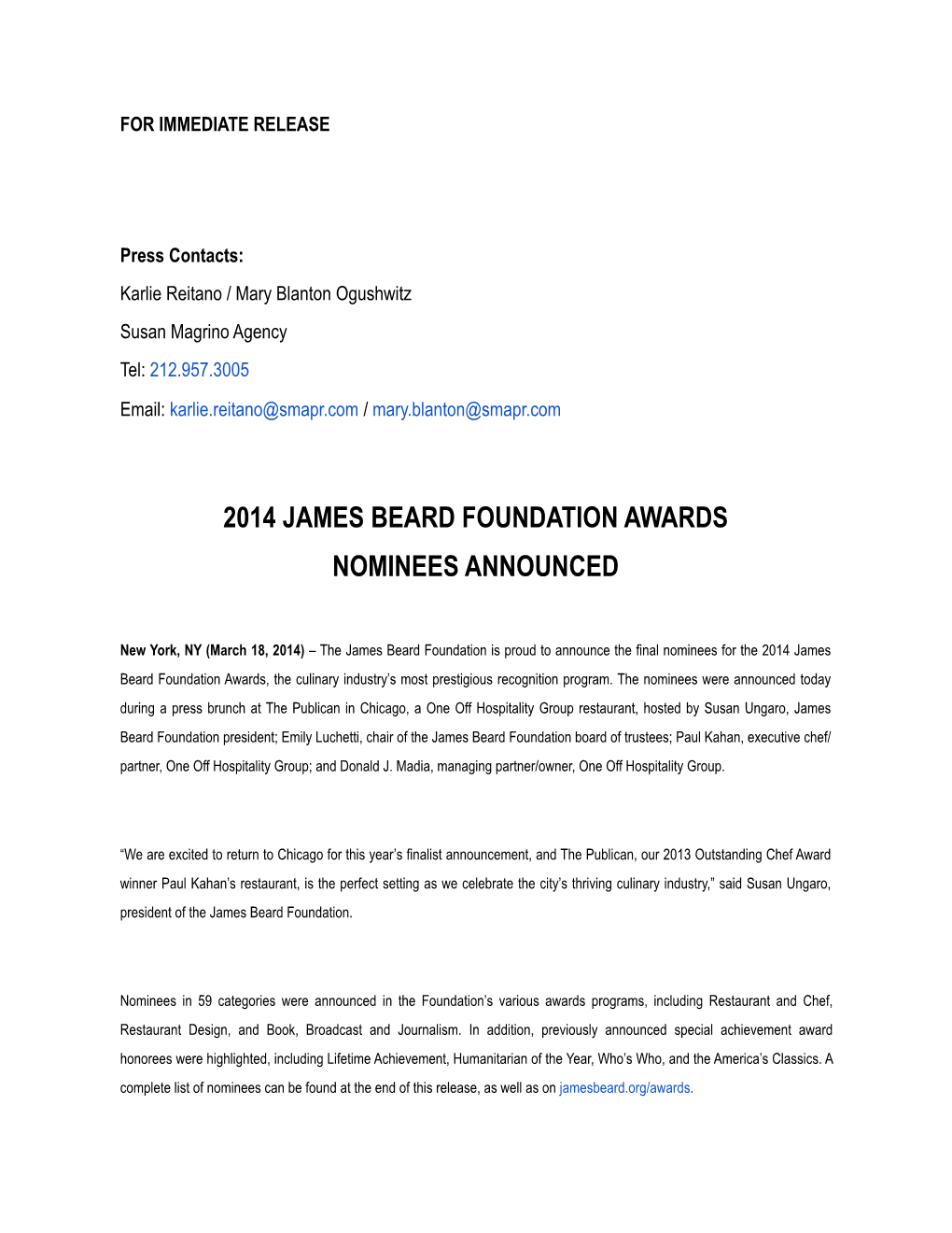 2014 James Beard Foundation Awards Nominees Announced