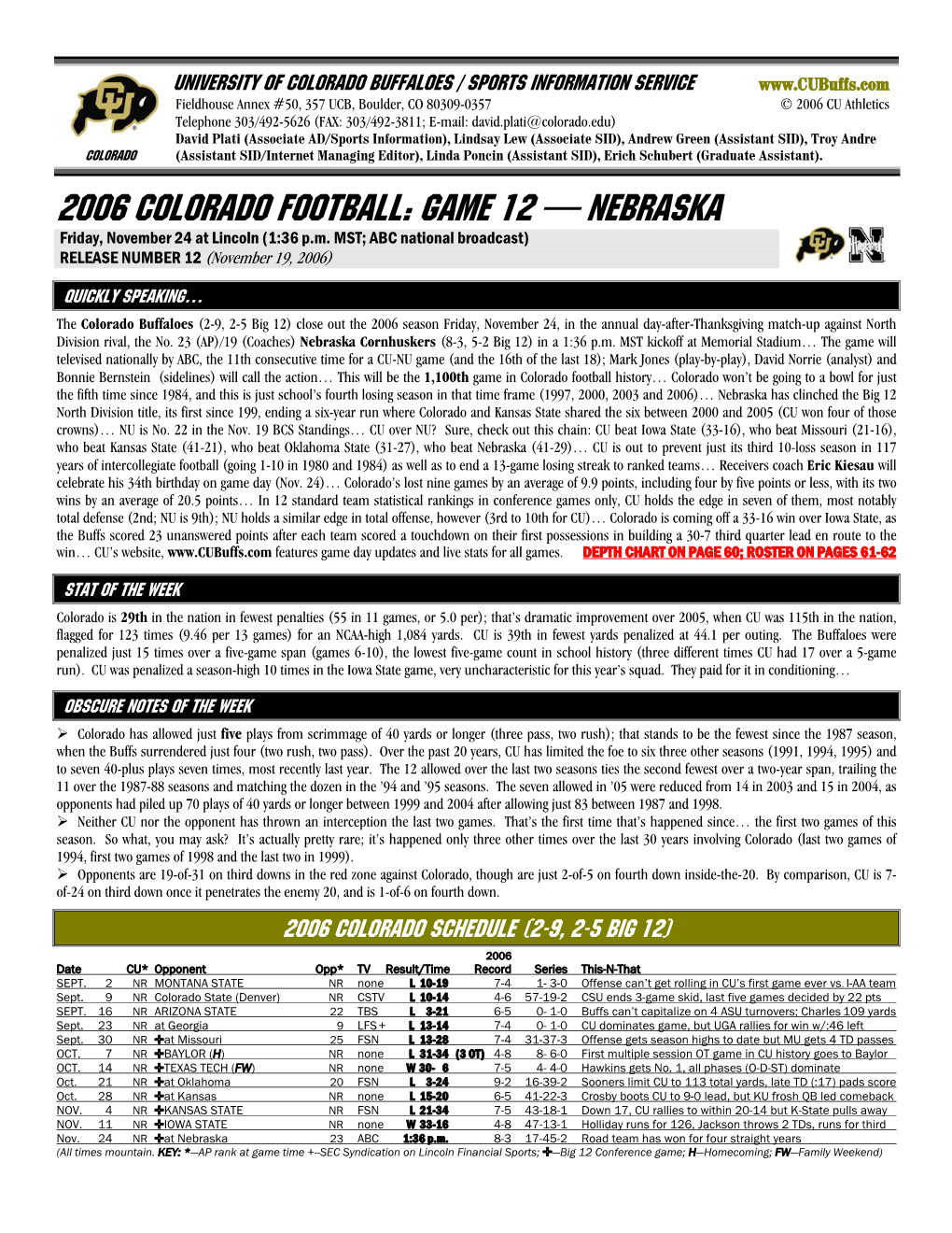 2006 COLORADO Football: GAME 12 — NEBRASKA Friday, November 24 at Lincoln (1:36 P.M