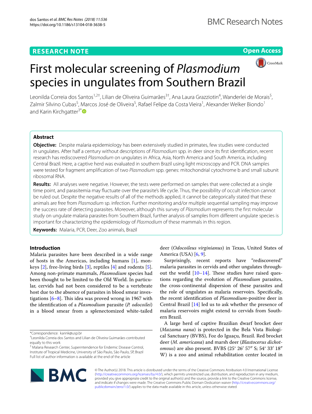 First Molecular Screening of Plasmodium Species in Ungulates