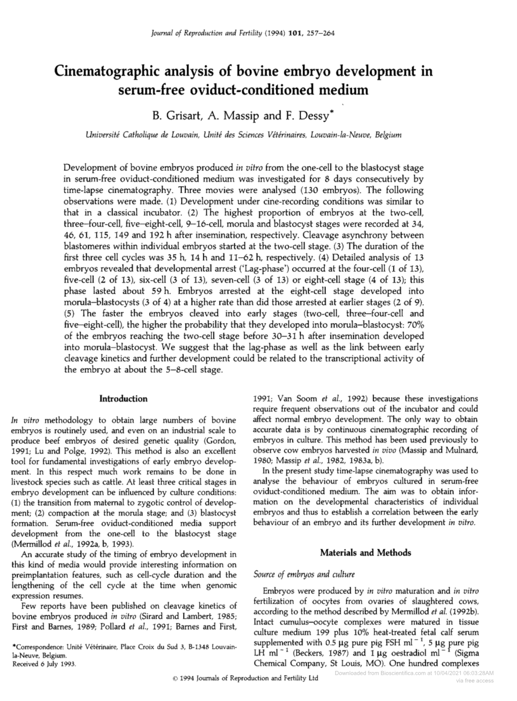 Cinematographic Analysis of Bovine Embryo Development in Serum-Free Oviduct-Conditioned Medium B