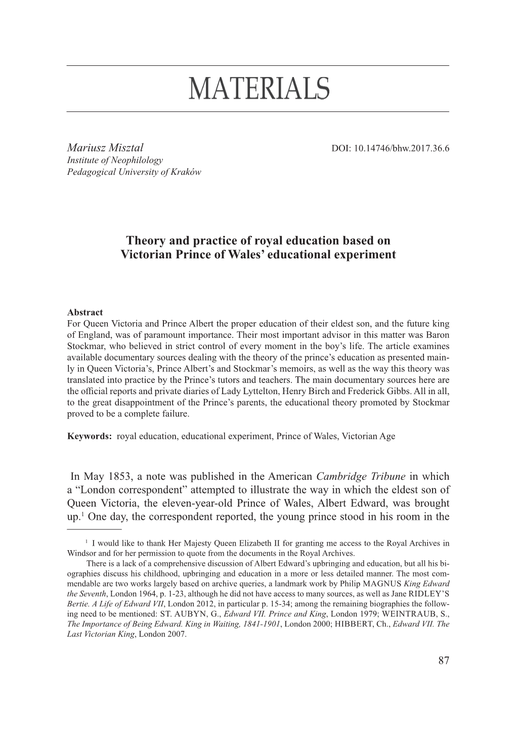 Theory and Practice of Royal Education Based on Victorian Prince of Wales’ Educational Experiment