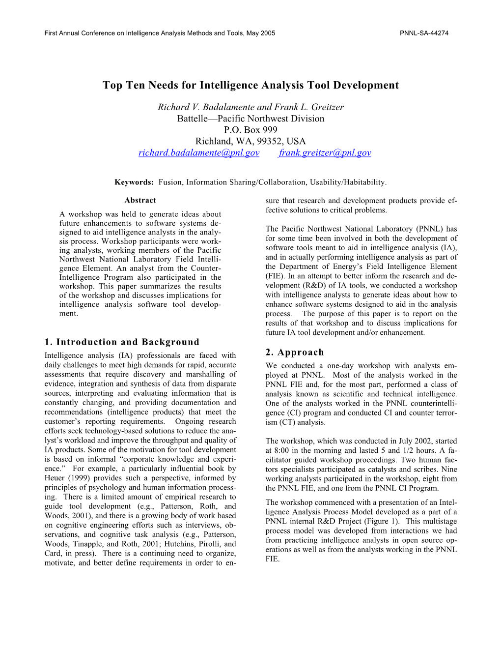 Top Ten Needs for Intelligence Analysis Tool Development