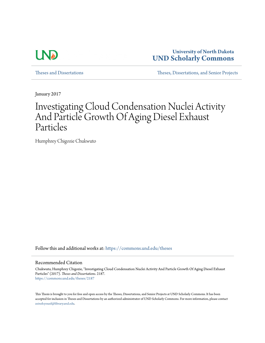 Investigating Cloud Condensation Nuclei Activity and Particle Growth of Aging Diesel Exhaust Particles Humphrey Chigozie Chukwuto