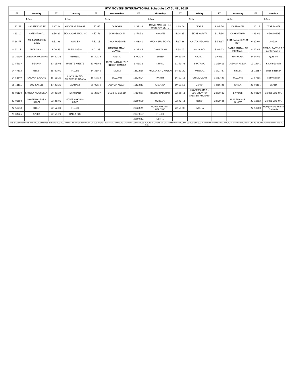 UTV MOVIES INTERNATIONAL Schedule 1-7 JUNE ,2015