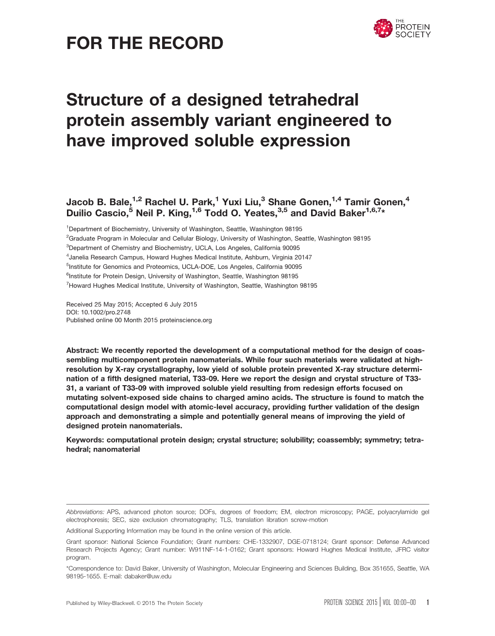 Structure of a Designed Tetrahedral Protein Assembly Variant Engineered to Have Improved Soluble Expression