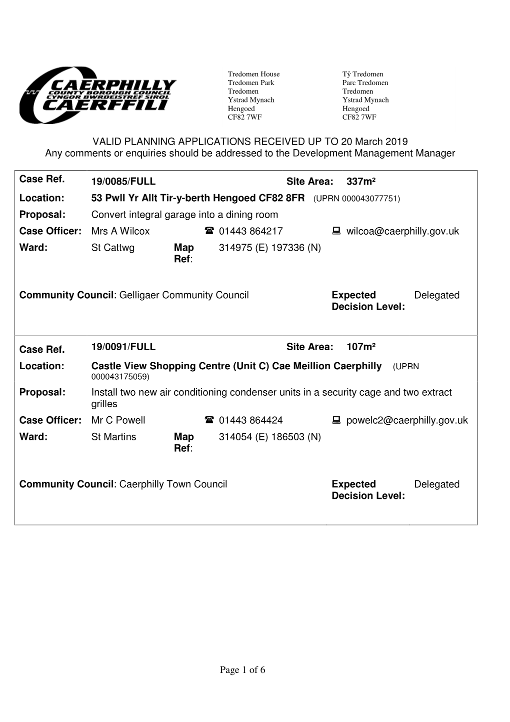 Page 1 of 6 VALID PLANNING APPLICATIONS RECEIVED up to 20 March 2019 Any Comments Or Enquiries Should Be Addressed to the Develo