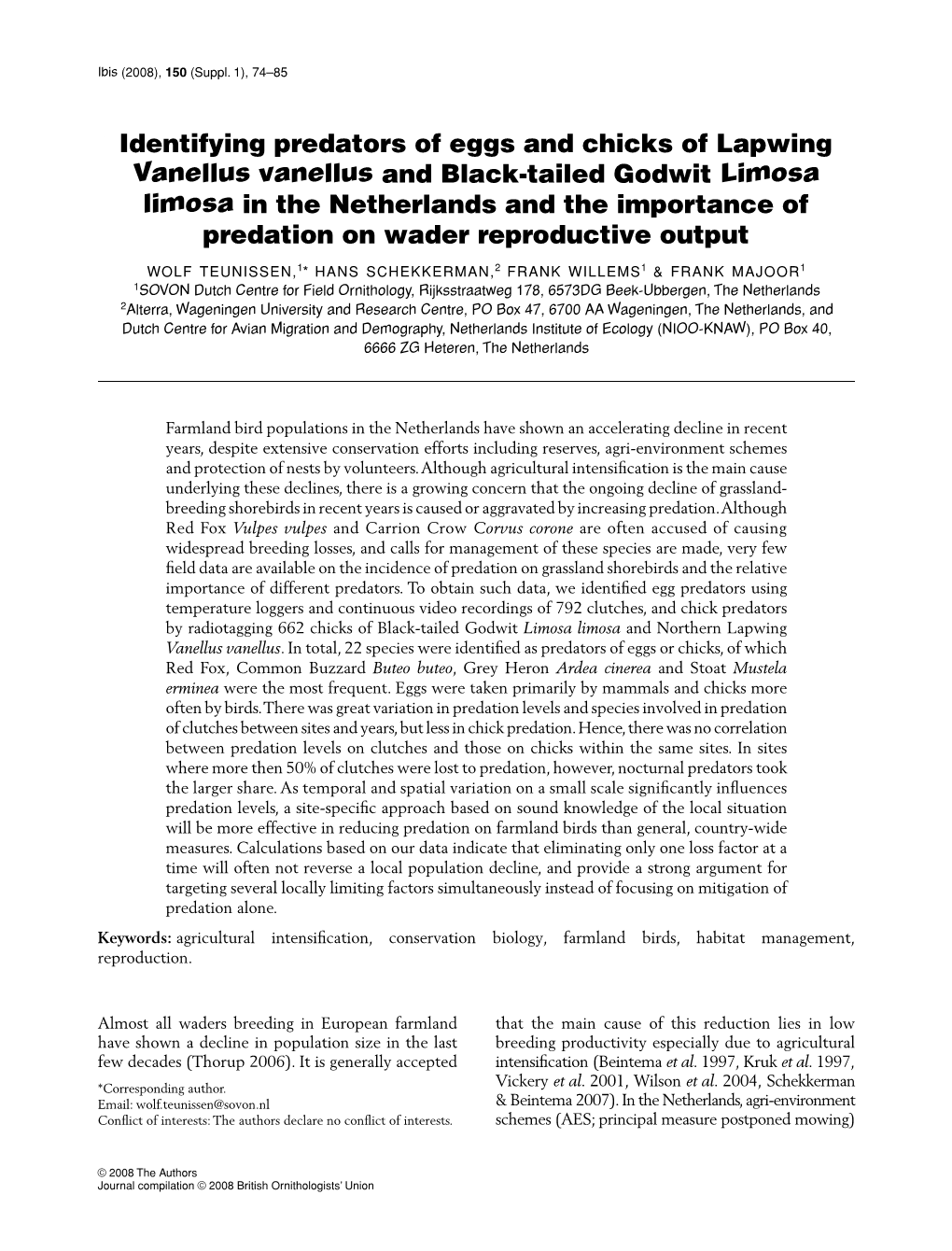 Identifying Predators of Eggs and Chicks of Lapwing Vanellus