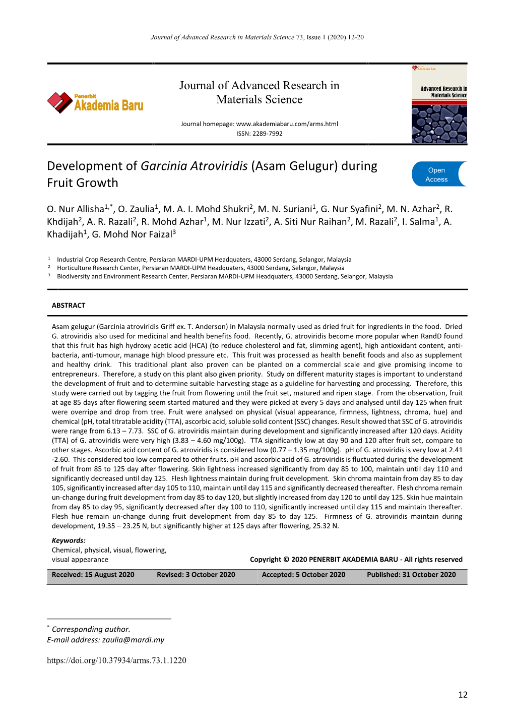 Development of Garcinia Atroviridis (Asam Gelugur) During Fruit Growth