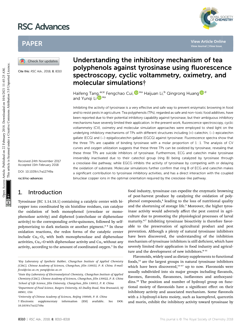 Understanding the Inhibitory Mechanism of Tea Polyphenols Against Tyrosinase Using Fluorescence Spectroscopy, Cyclic Voltammetry