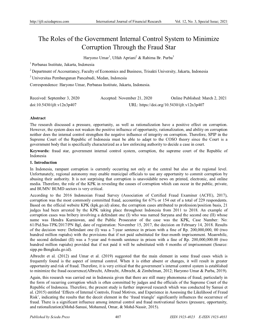 The Roles of the Government Internal Control System to Minimize Corruption Through the Fraud Star