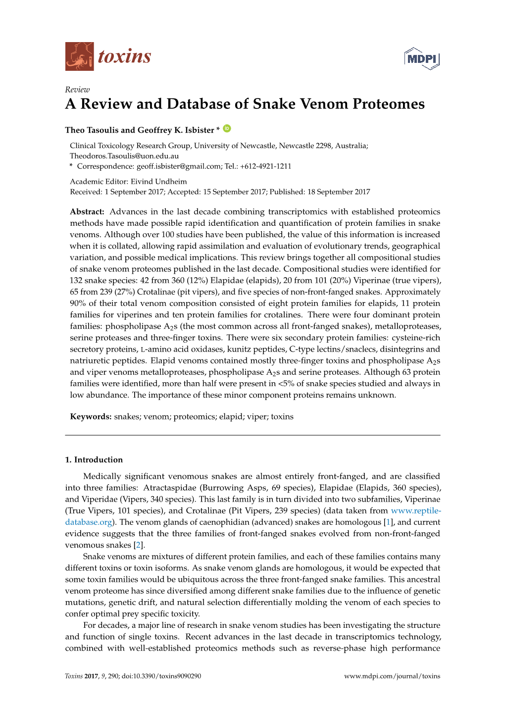 A Review and Database of Snake Venom Proteomes