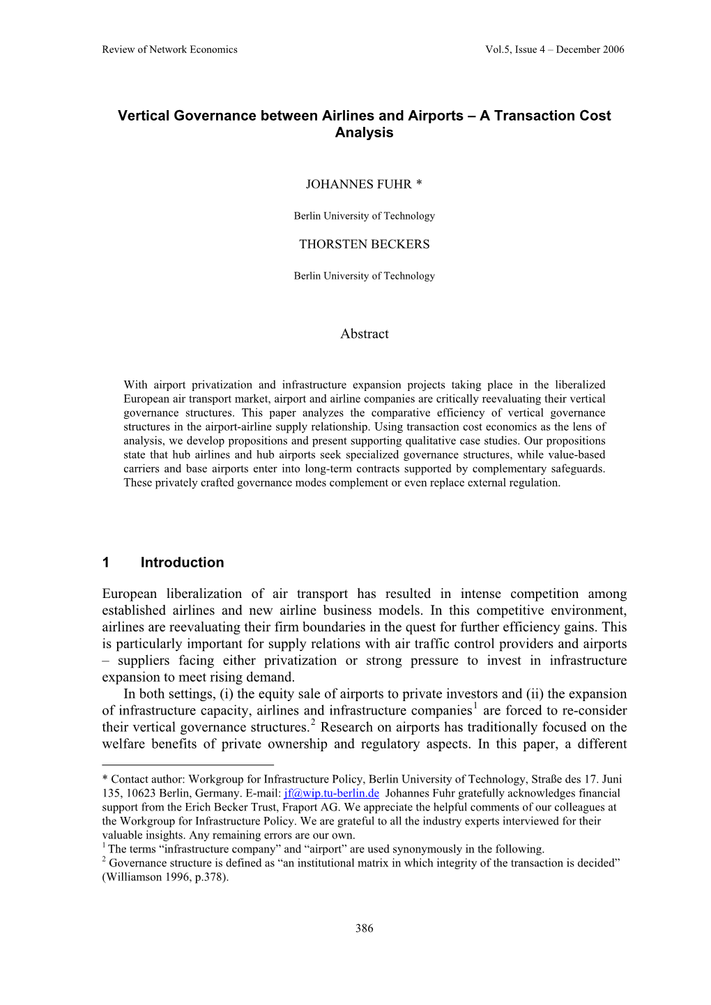 Vertical Governance Between Airlines and Airports Â•ﬁ a Transaction