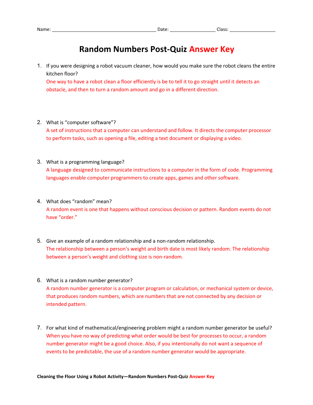 Random Numbers Post-Quiz Answer Key