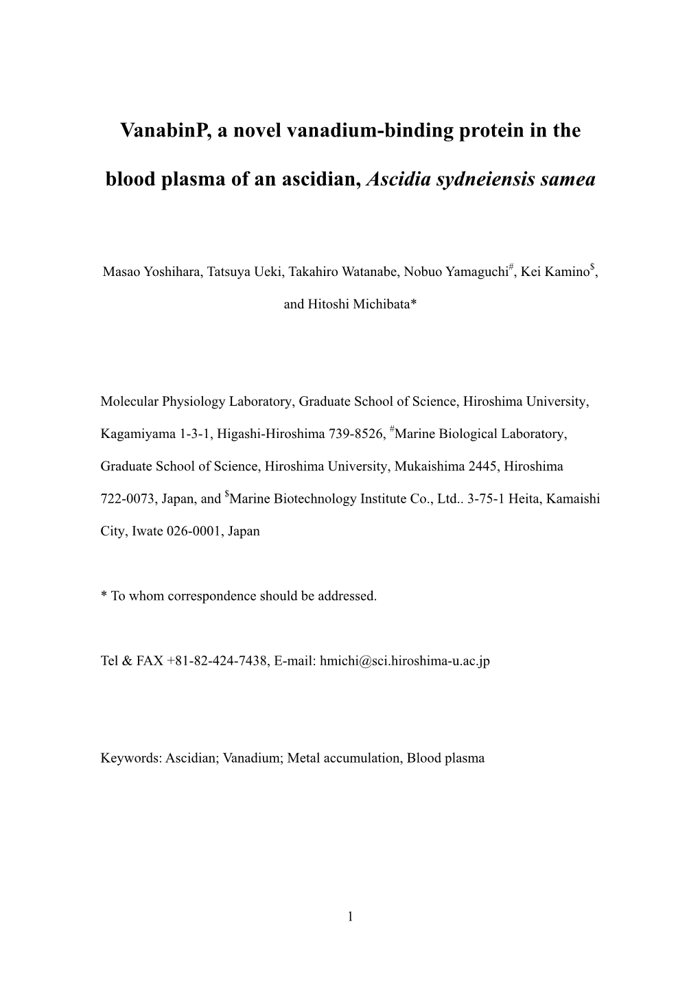 Novel Vanadium-Binding Proteins (Vanabins) Identified In