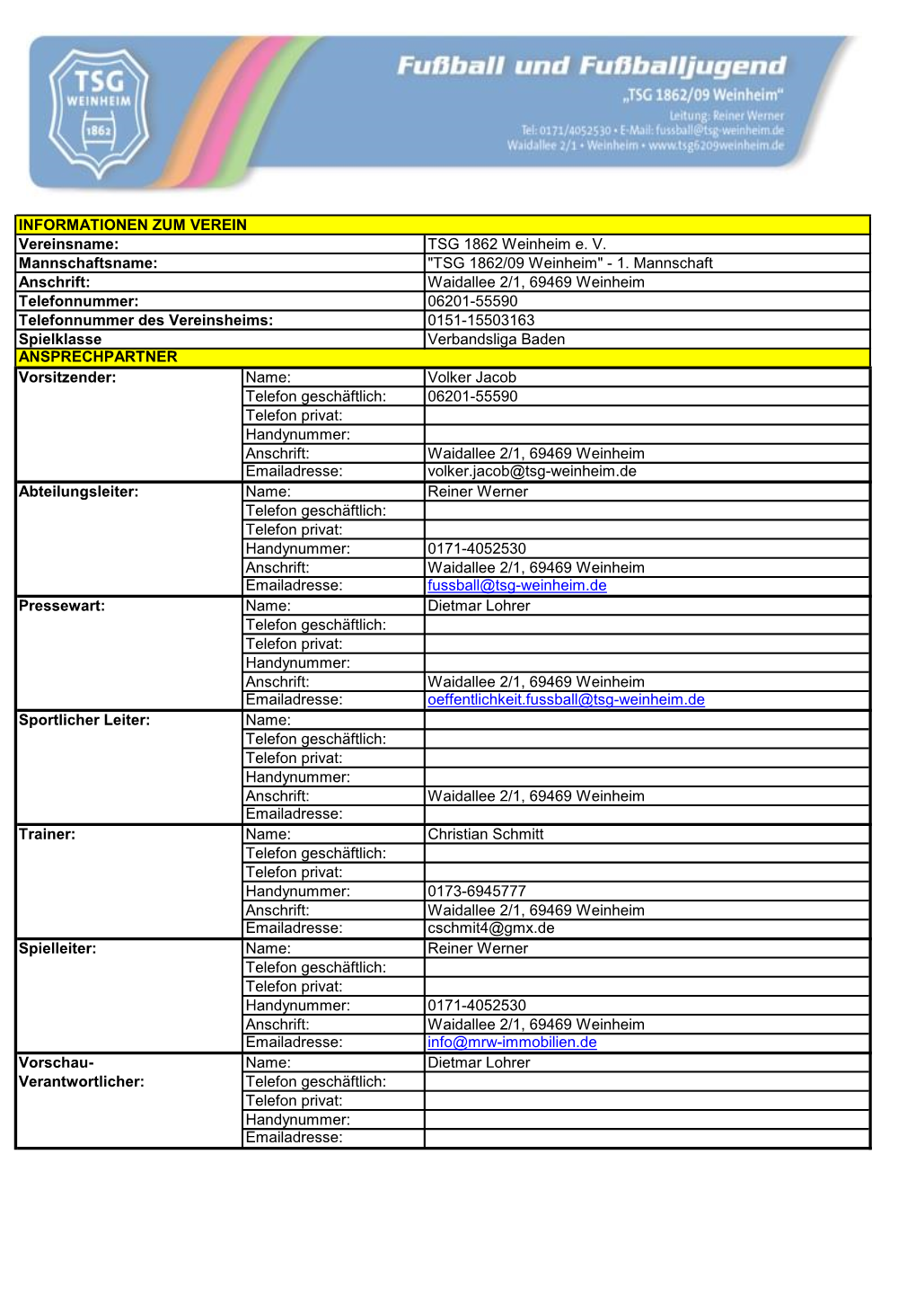 INFORMATIONEN ZUM VEREIN Vereinsname: TSG 1862 Weinheim E