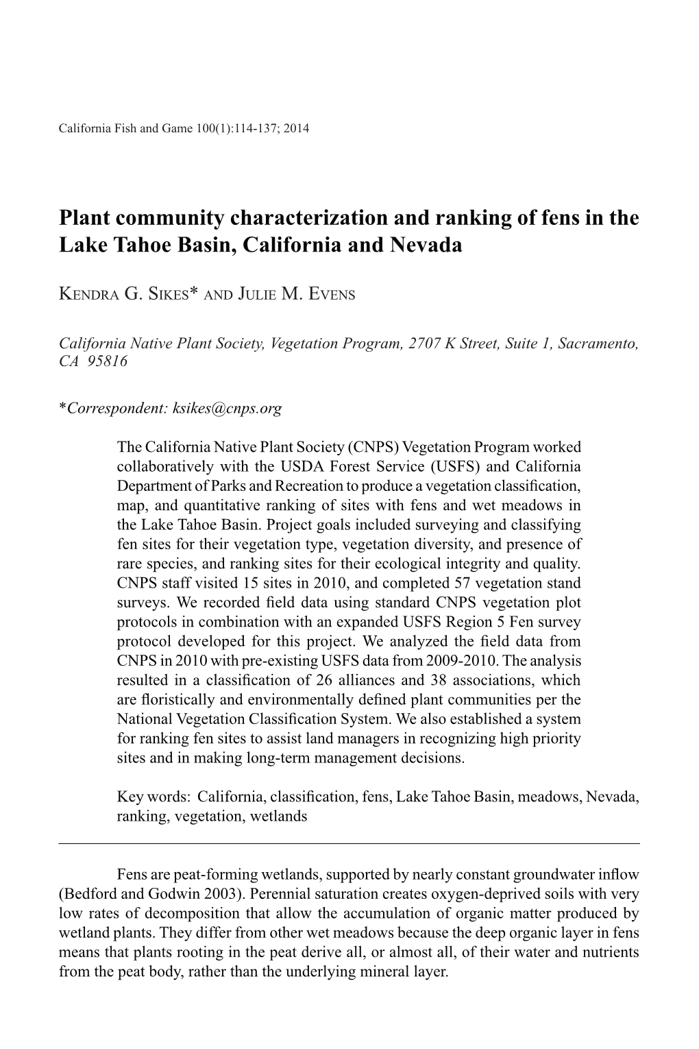 Plant Community Characterization and Ranking of Fens in the Lake Tahoe Basin, California and Nevada