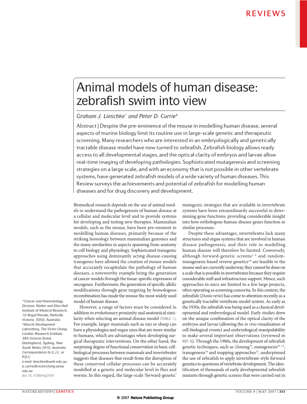 Animal Models of Human Disease: Zebrafish Swim Into View
