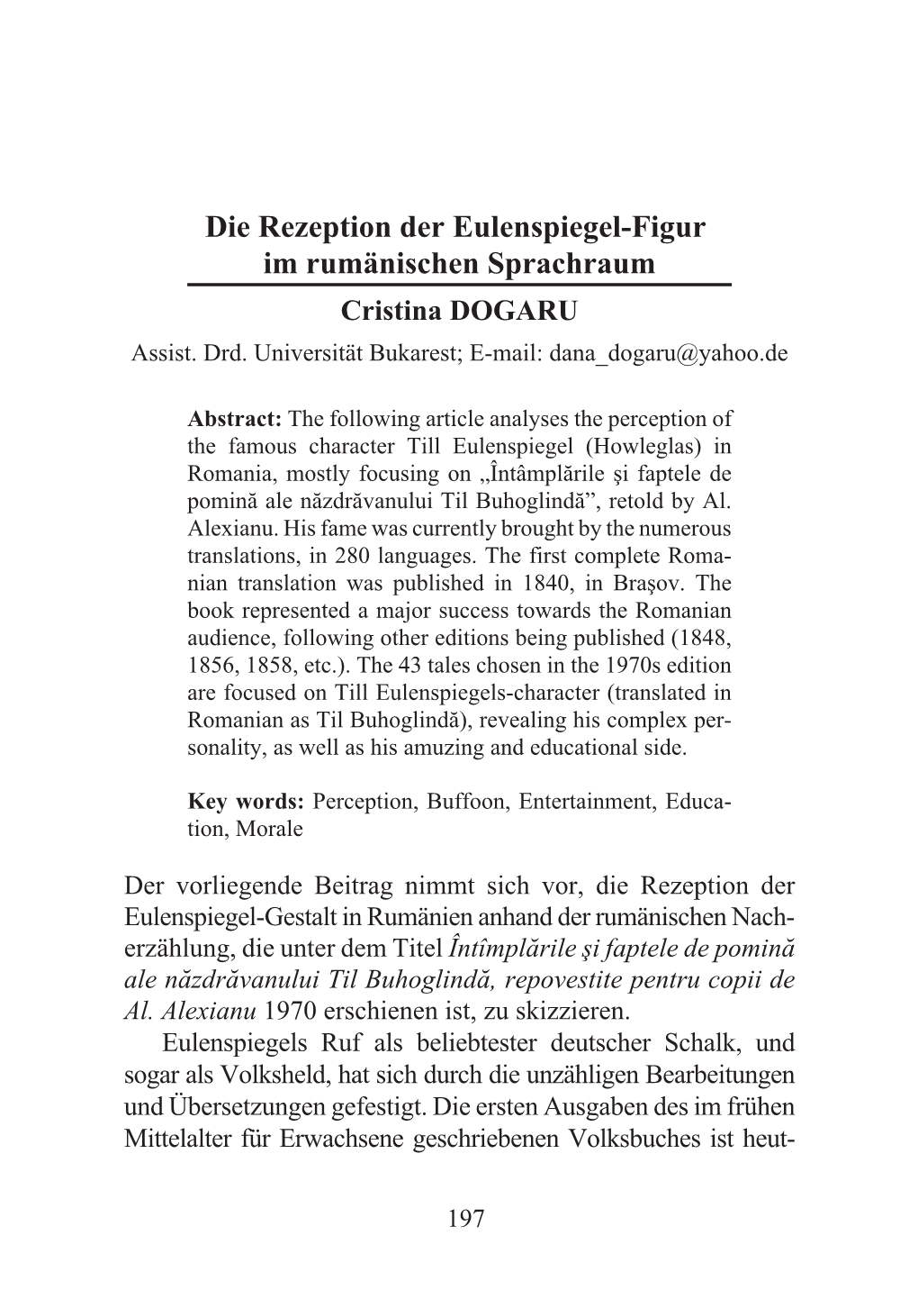 Die Rezeption Der Eulenspiegel-Figur Im Rumänischen Sprachraum Cristina DOGARU Assist