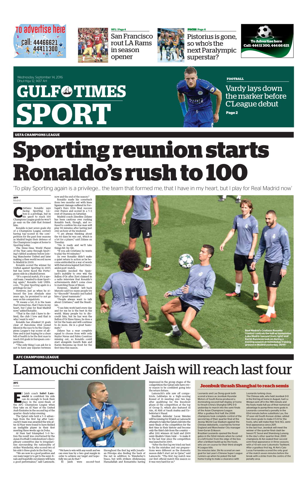 UEFA CHAMPIONS LEAGUE Sporting Reunion Starts Ronaldo’S Rush to 100 ‘To Play Sporting Again Is a Privilege