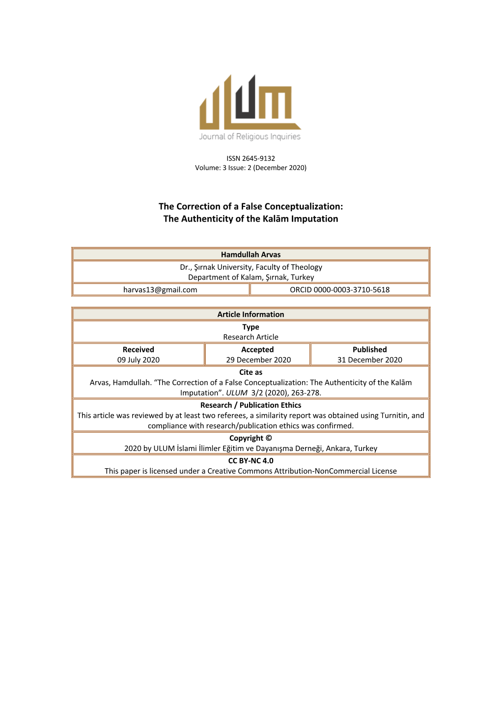 The Correction of a False Conceptualization: the Authenticity of the Kalām Imputation