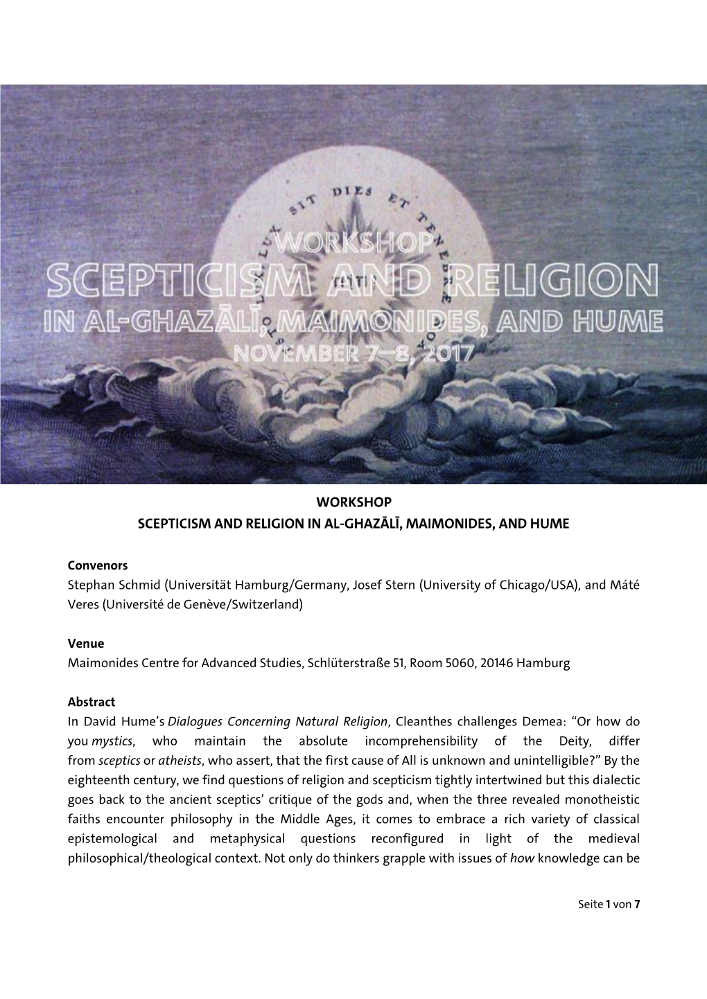 Workshop Scepticism and Religion in Al-Ghazālī, Maimonides, and Hume