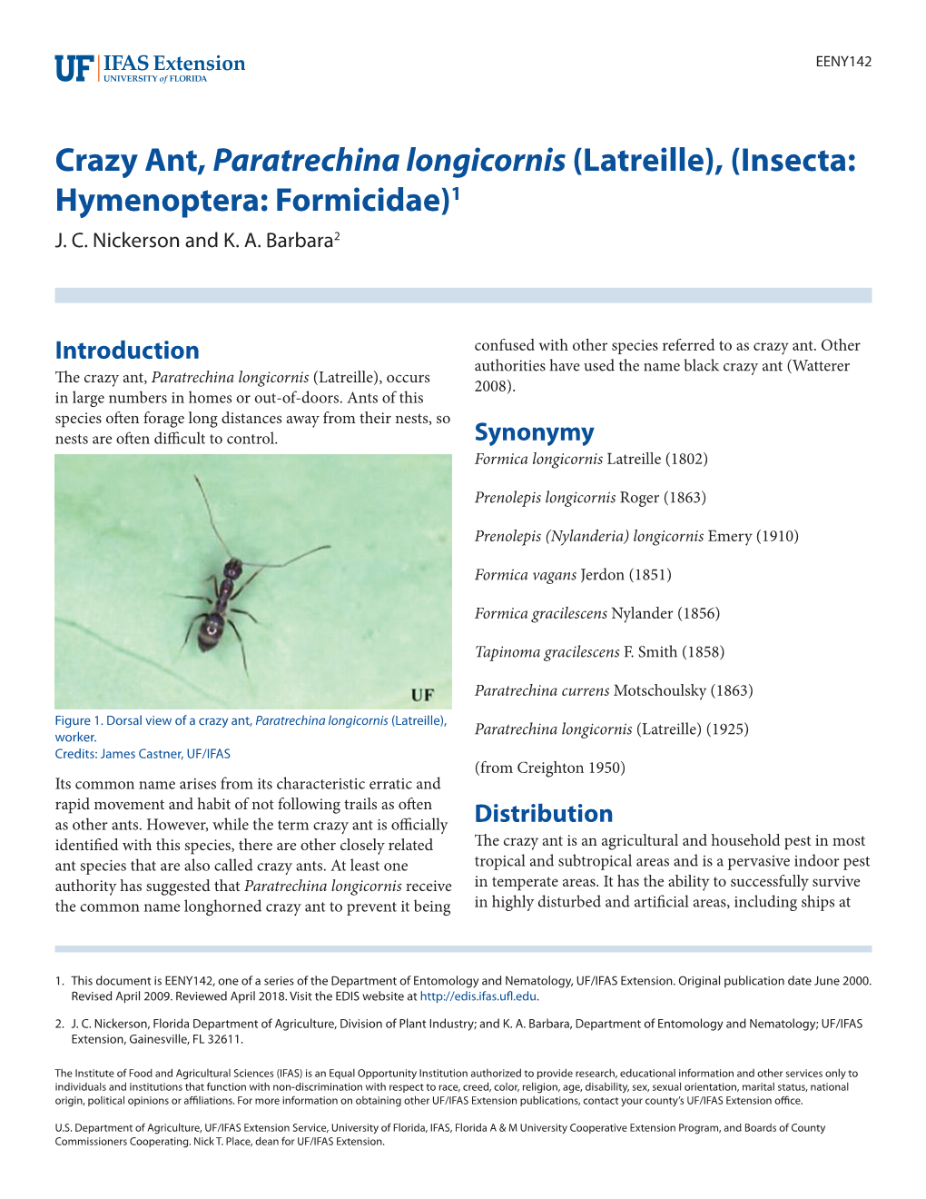 Crazy Ant, Paratrechina Longicornis (Latreille), (Insecta: Hymenoptera: Formicidae)1 J