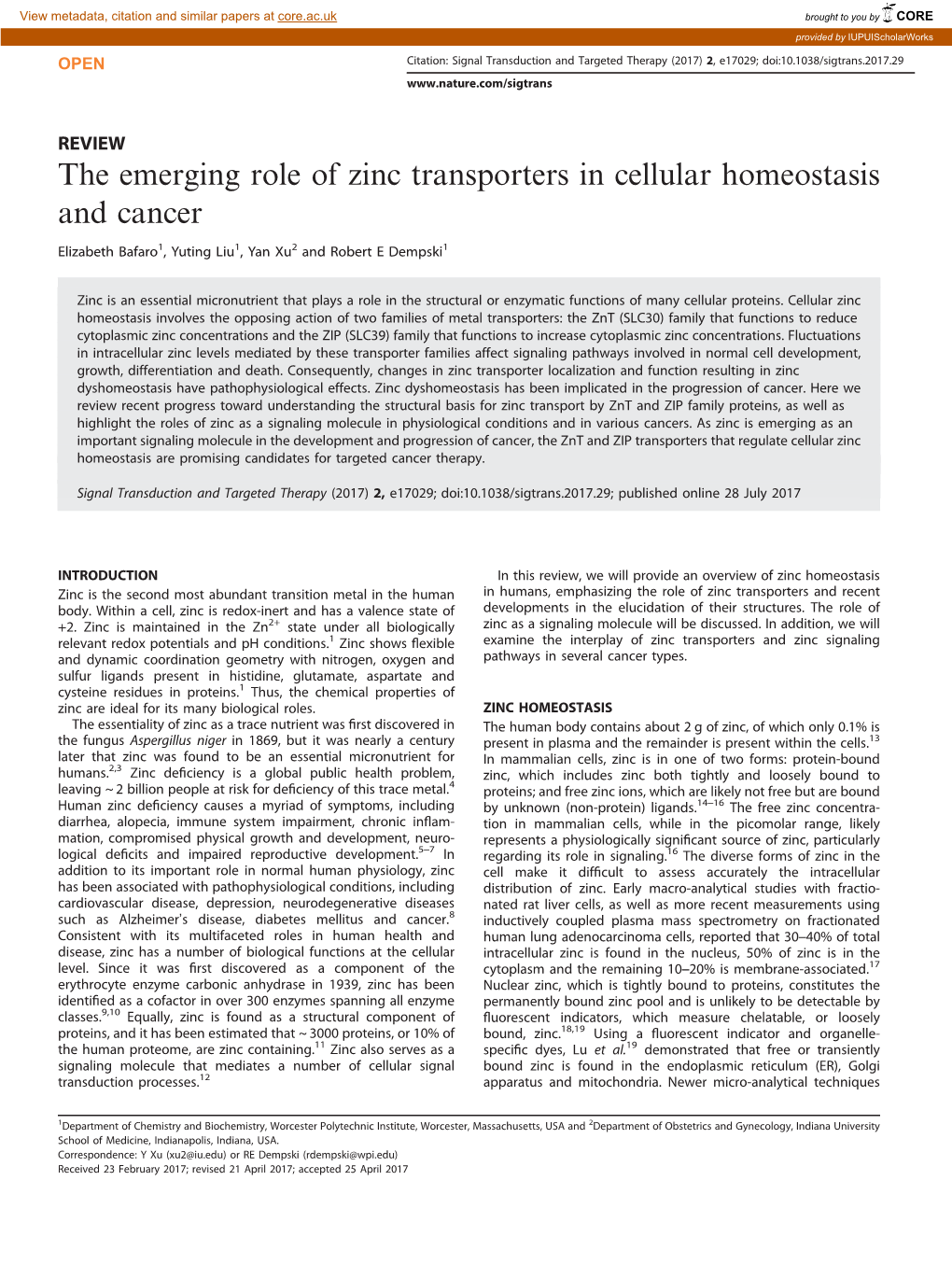 The Emerging Role of Zinc Transporters in Cellular Homeostasis and Cancer