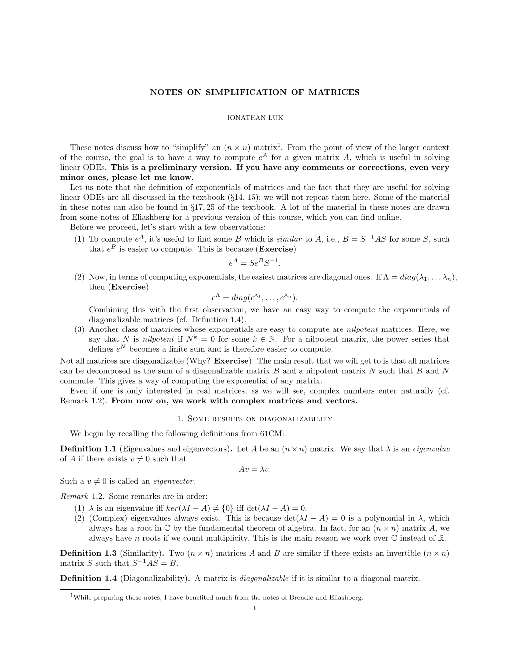 Notes on Simplification of Matrices