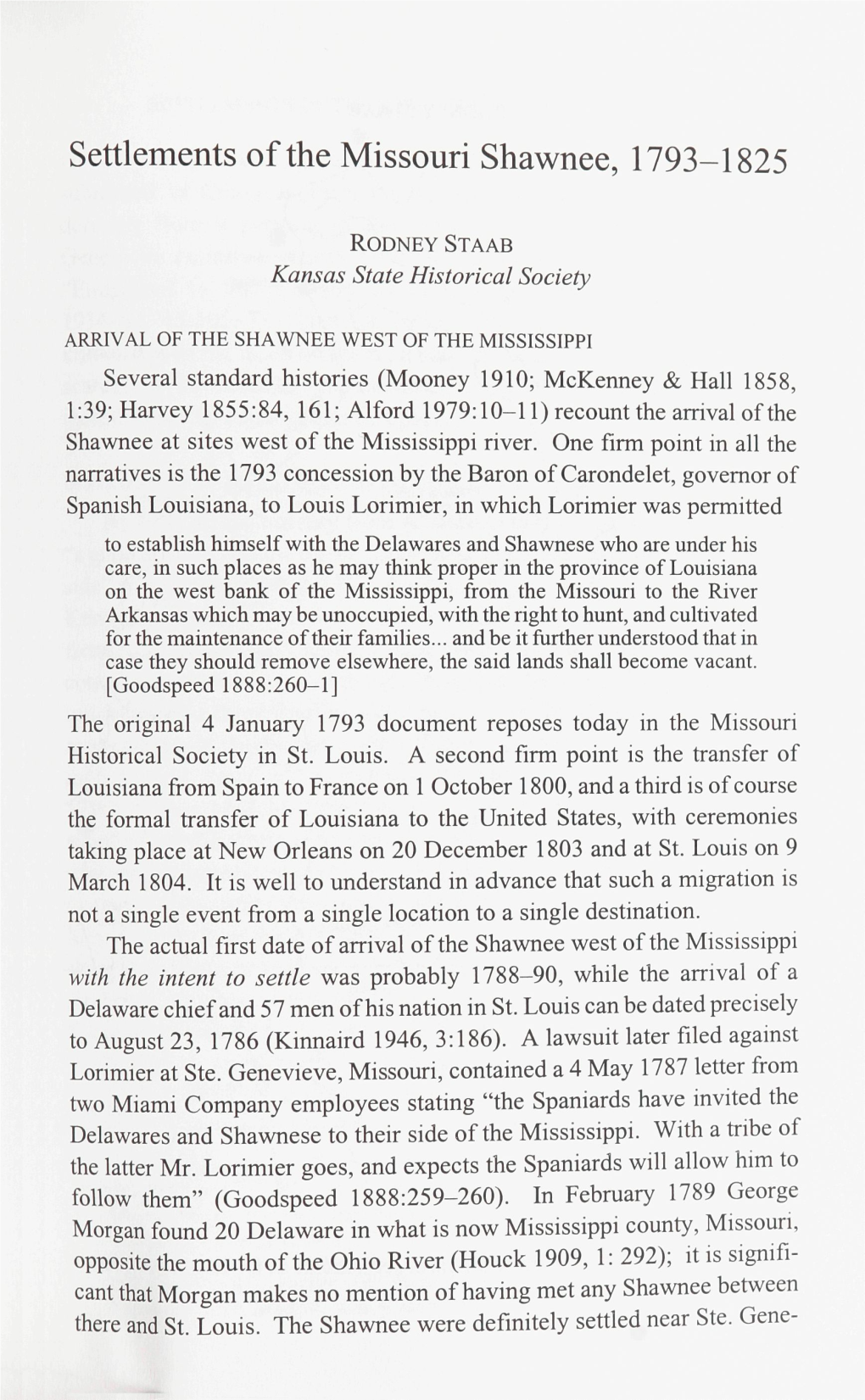 Settlements of the Missouri Shawnee, 1793-1825