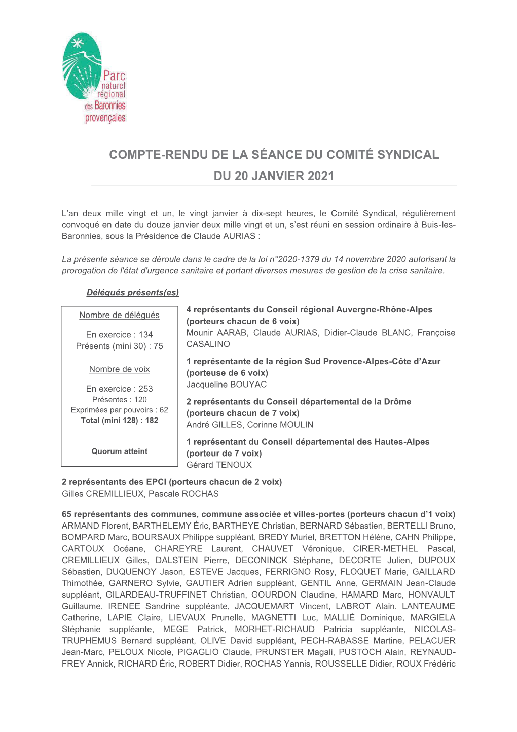 Compte-Rendu De La Séance Du Comité Syndical Du 20 Janvier 2021