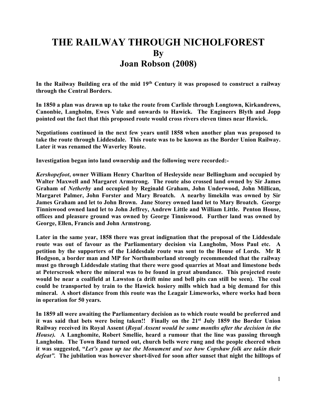 THE RAILWAY THROUGH NICHOLFOREST by Joan Robson (2008)