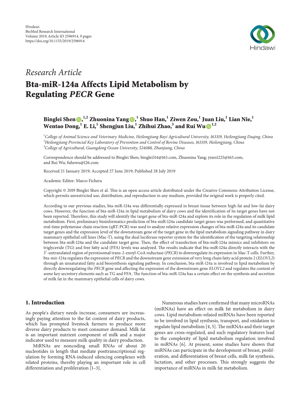 Bta-Mir-124A Affects Lipid Metabolism by Regulating PECR Gene