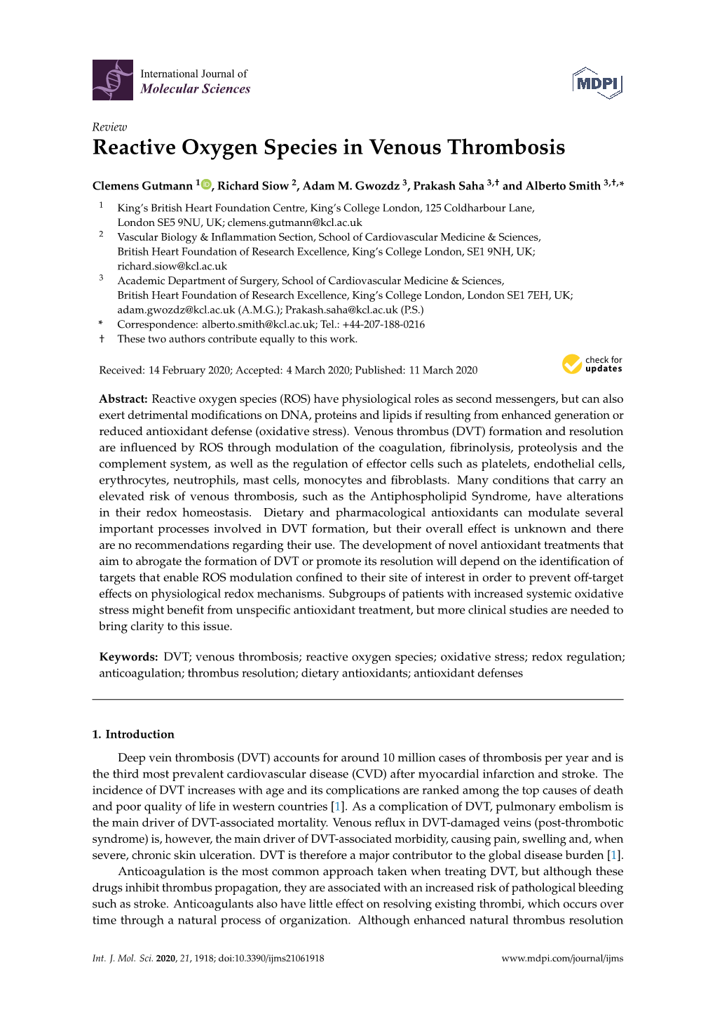 Reactive Oxygen Species in Venous Thrombosis