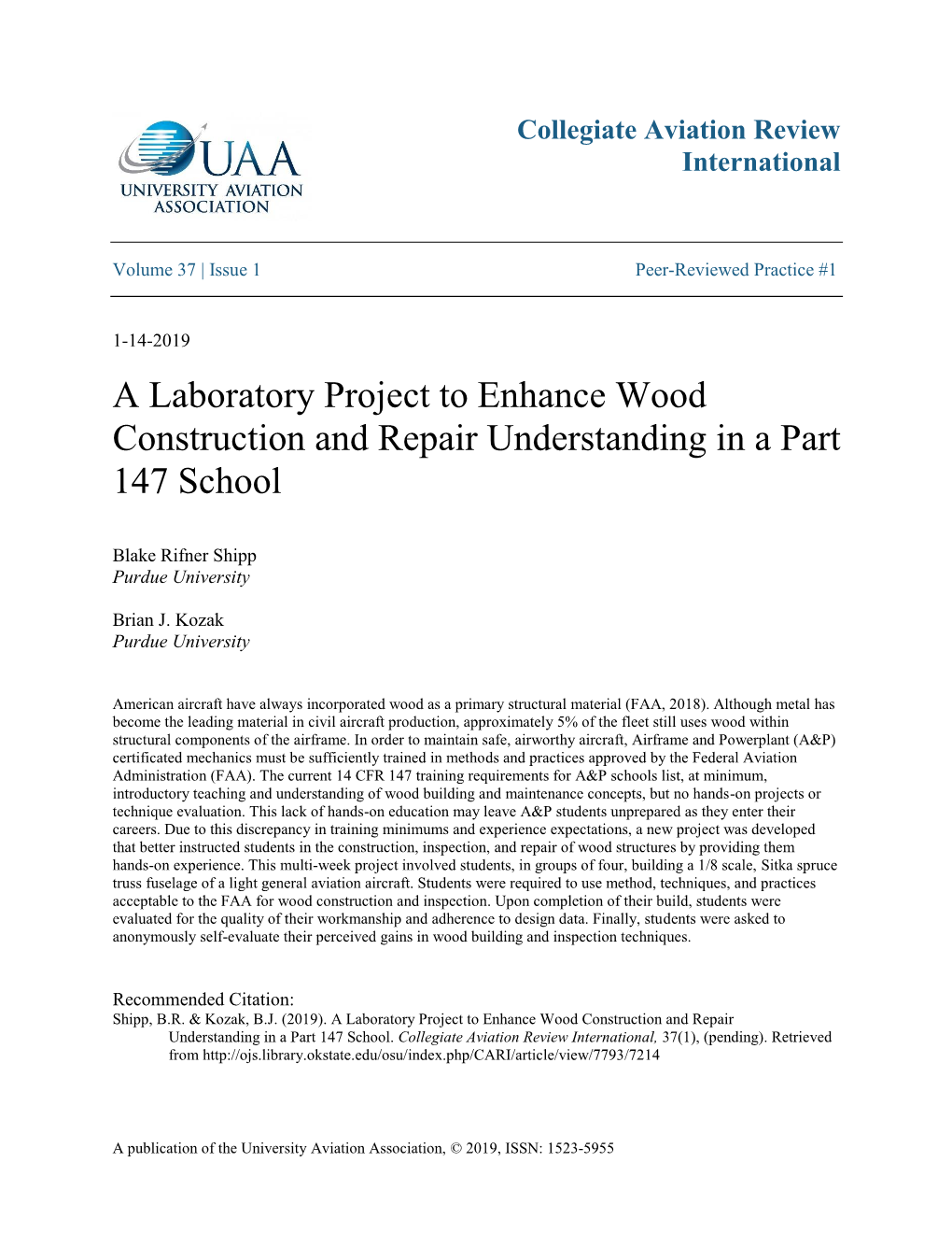 A Laboratory Project to Enhance Wood Construction and Repair Understanding in a Part 147 School