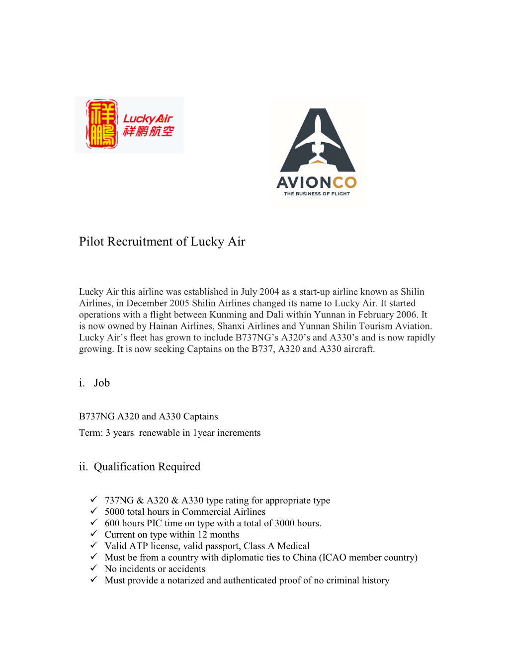 Pilot Recruitment of Lucky Air