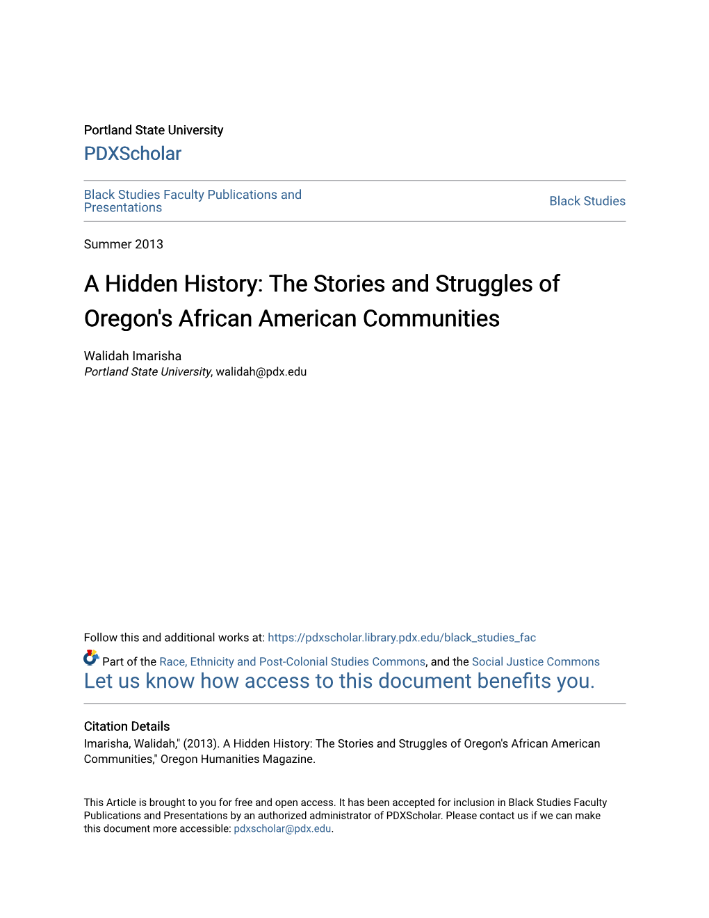 A Hidden History: the Stories and Struggles of Oregon's African American Communities