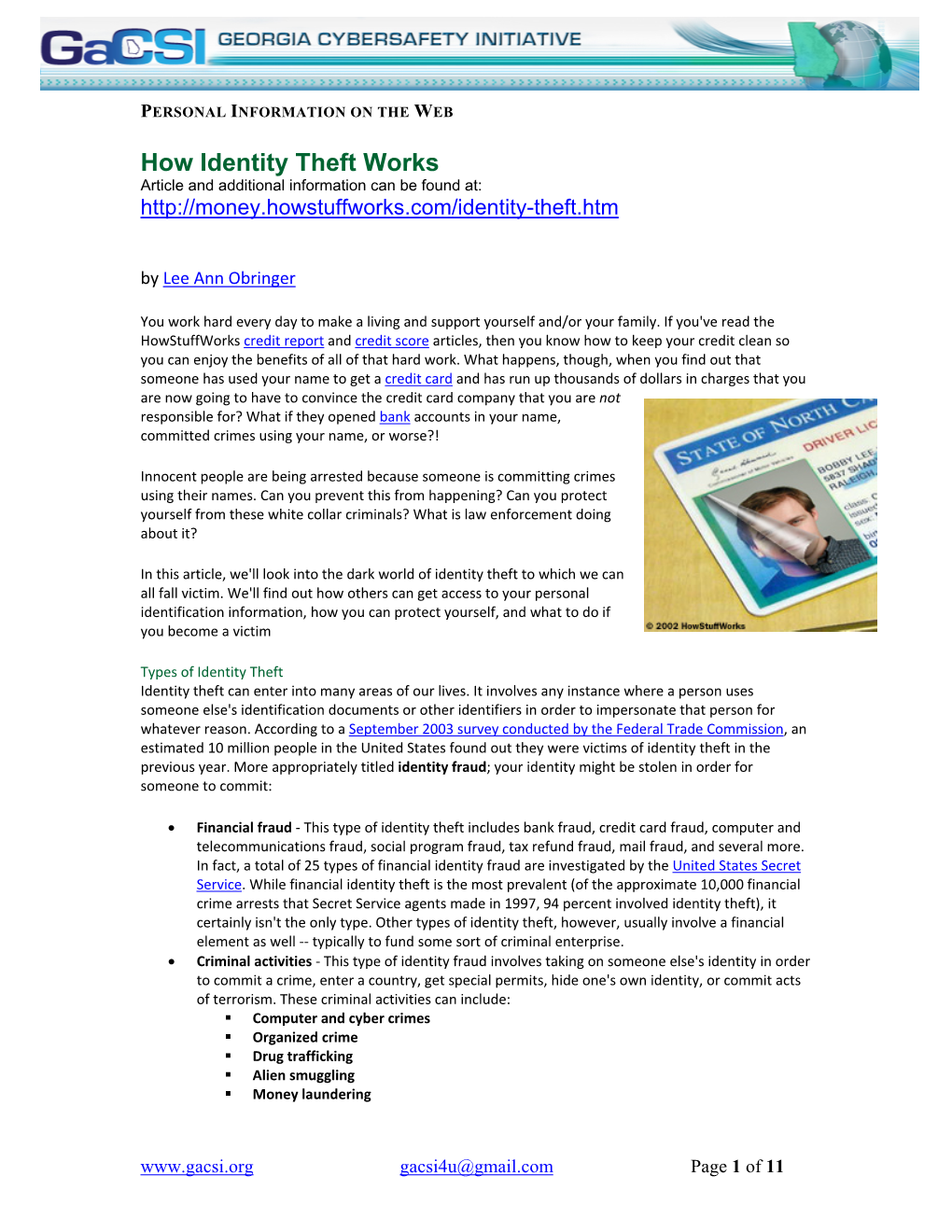 How Identity Theft Works Article and Additional Information Can Be Found At