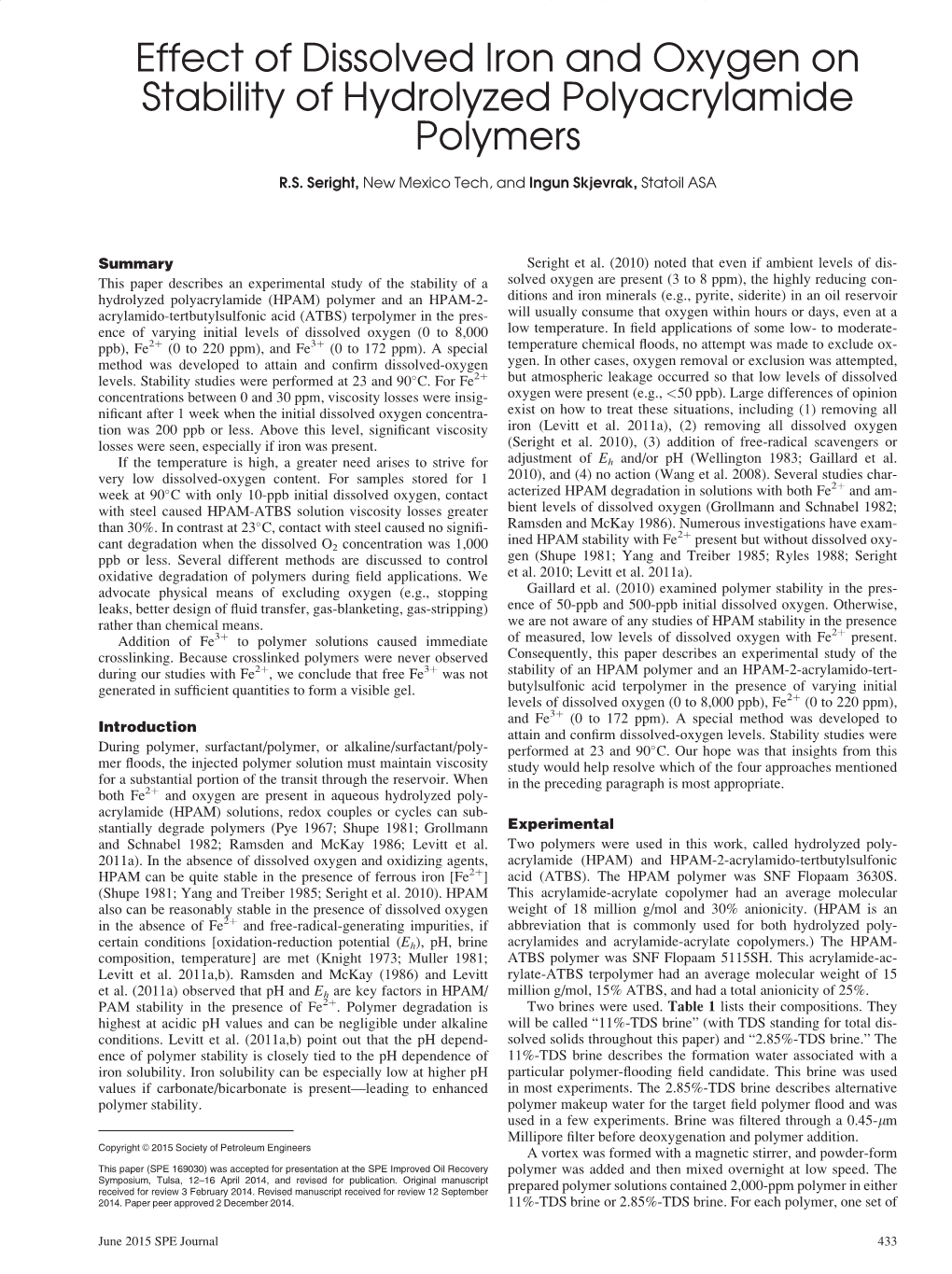 Effect of Dissolved Iron and Oxygen on Stability of HPAM