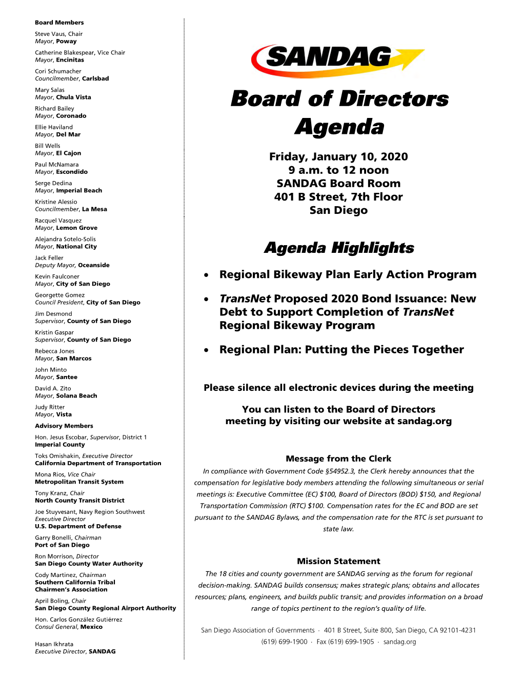 Board of Directors Agenda