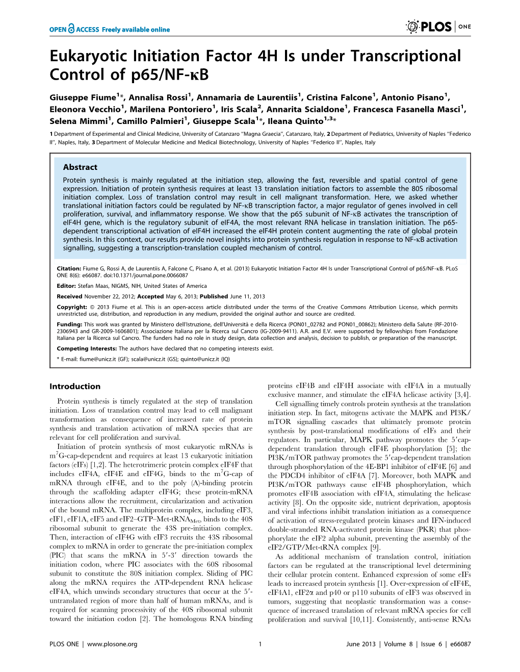 Eukaryotic Initiation Factor 4H Is Under Transcriptional Control of P65/NF-Kb