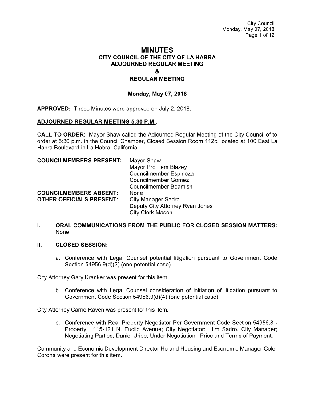 Minutes City Council of the City of La Habra Adjourned Regular Meeting & Regular Meeting