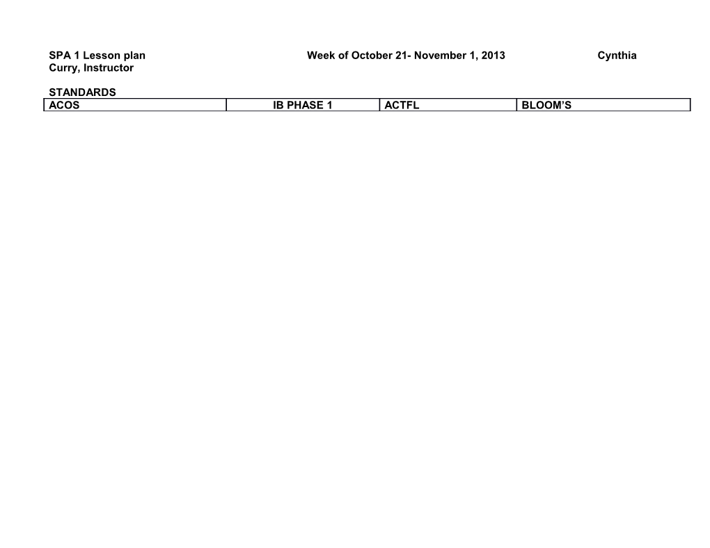 SPA 1 Lesson Plan Week of October 21- November 1, 2013 Cynthia Curry, Instructor