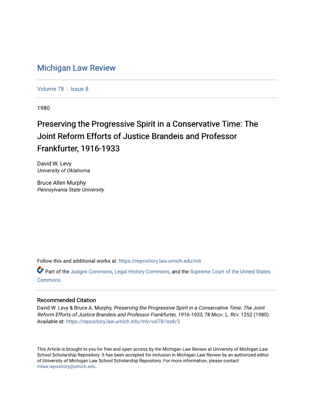 The Joint Reform Efforts of Justice Brandeis and Professor Frankfurter, 1916-1933