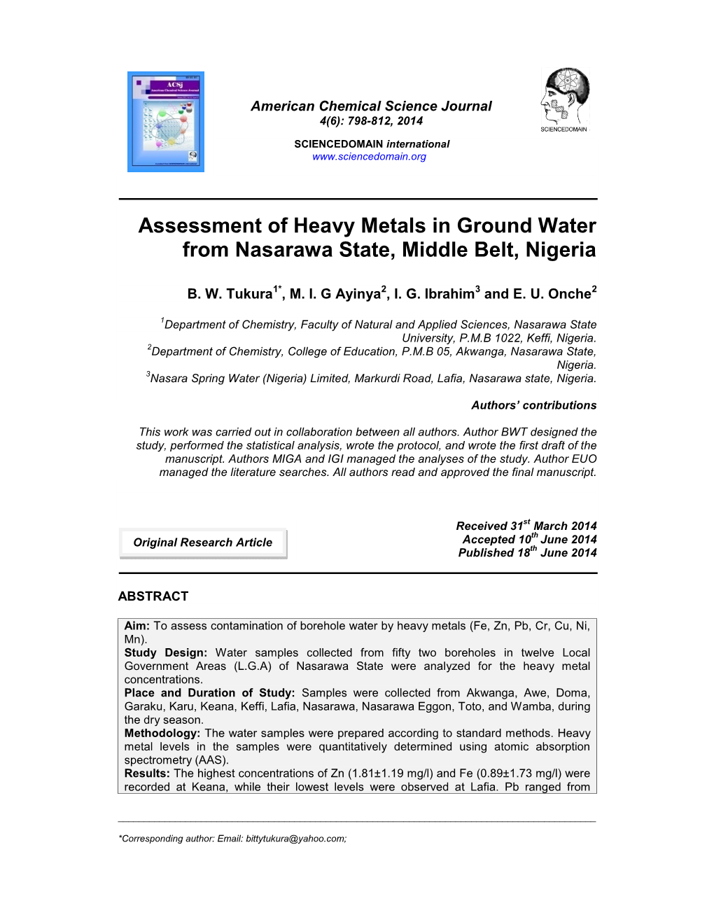 Assessment of Heavy Metals in Ground Water from Nasarawa State, Middle Belt, Nigeria