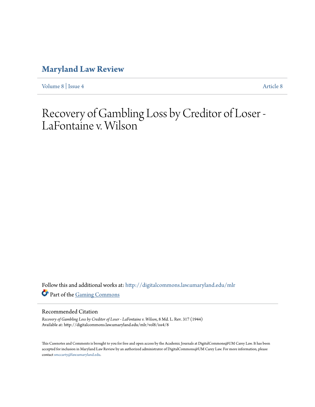 Recovery of Gambling Loss by Creditor of Loser - Lafontaine V